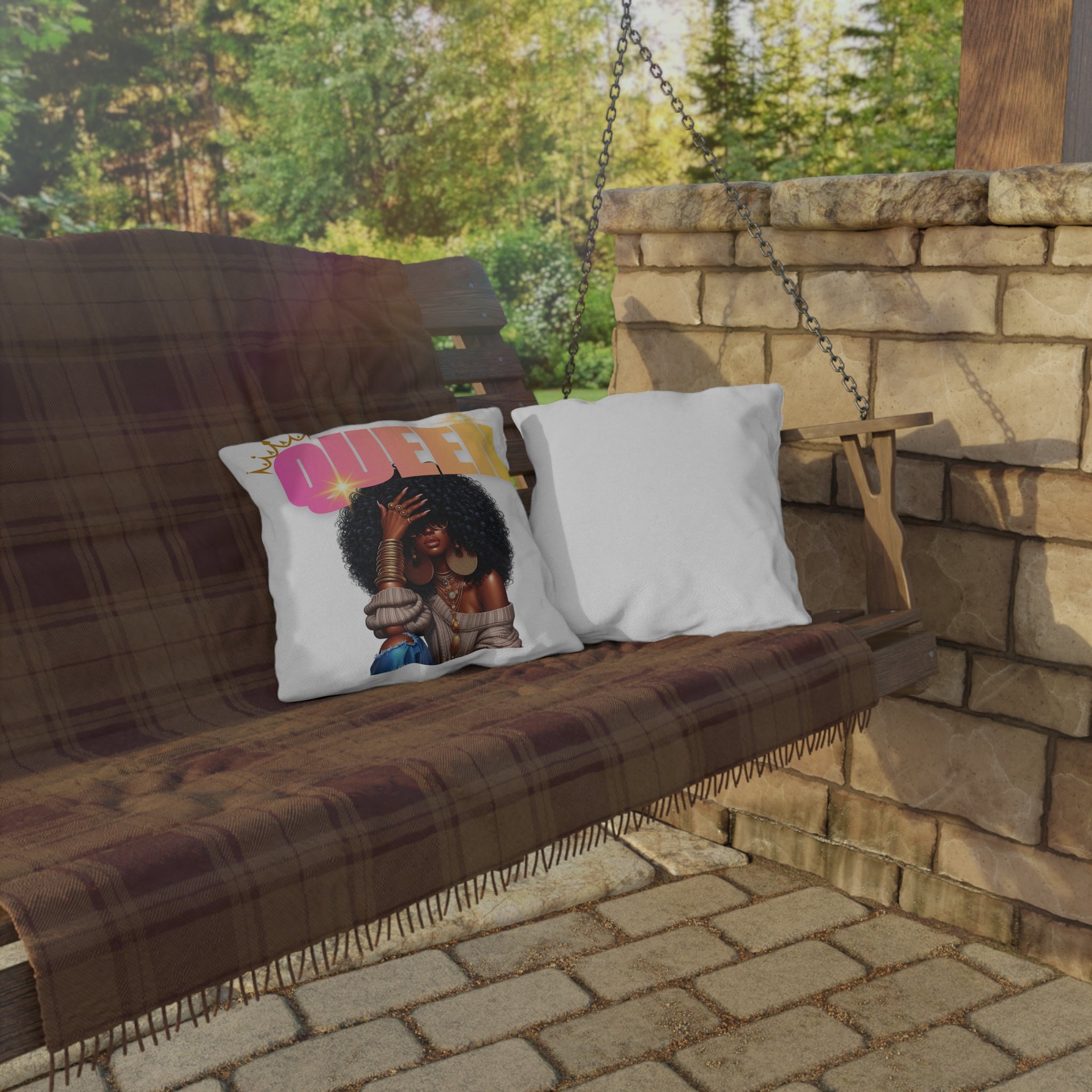 Queen Afro Woman Outdoor Pillow — Bold Empowerment Accent Cushion
