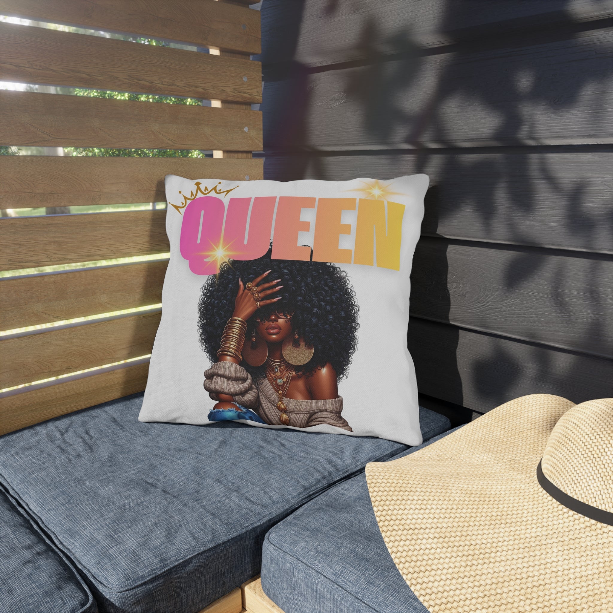 Queen Afro Woman Outdoor Pillow — Bold Empowerment Accent Cushion