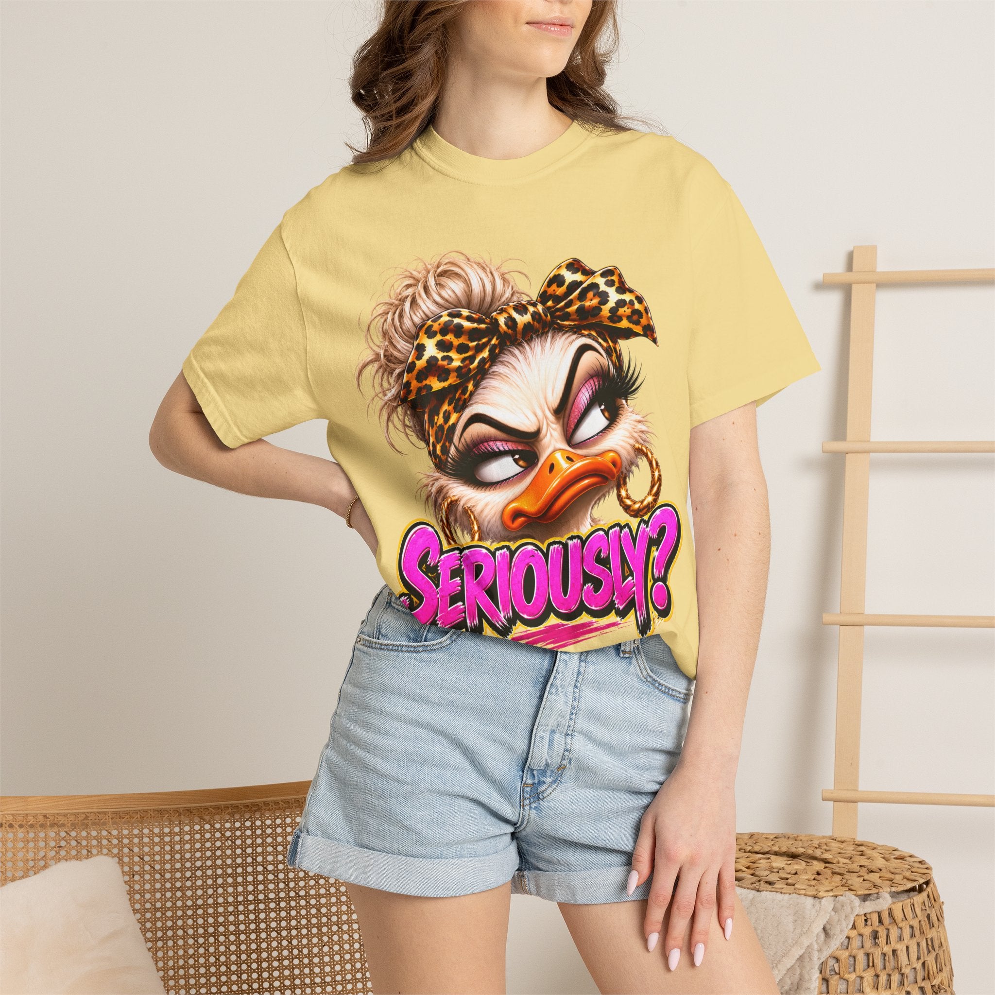 Seriously? Duck Graphic T-Shirt — Sassy Retro Cartoon Tee with Leopard Bandana