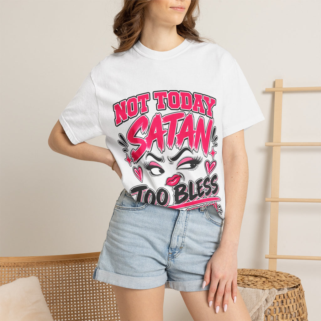 Not Today Satan T-Shirt — Too Blessed Graphic Tee (Pink & Black)
