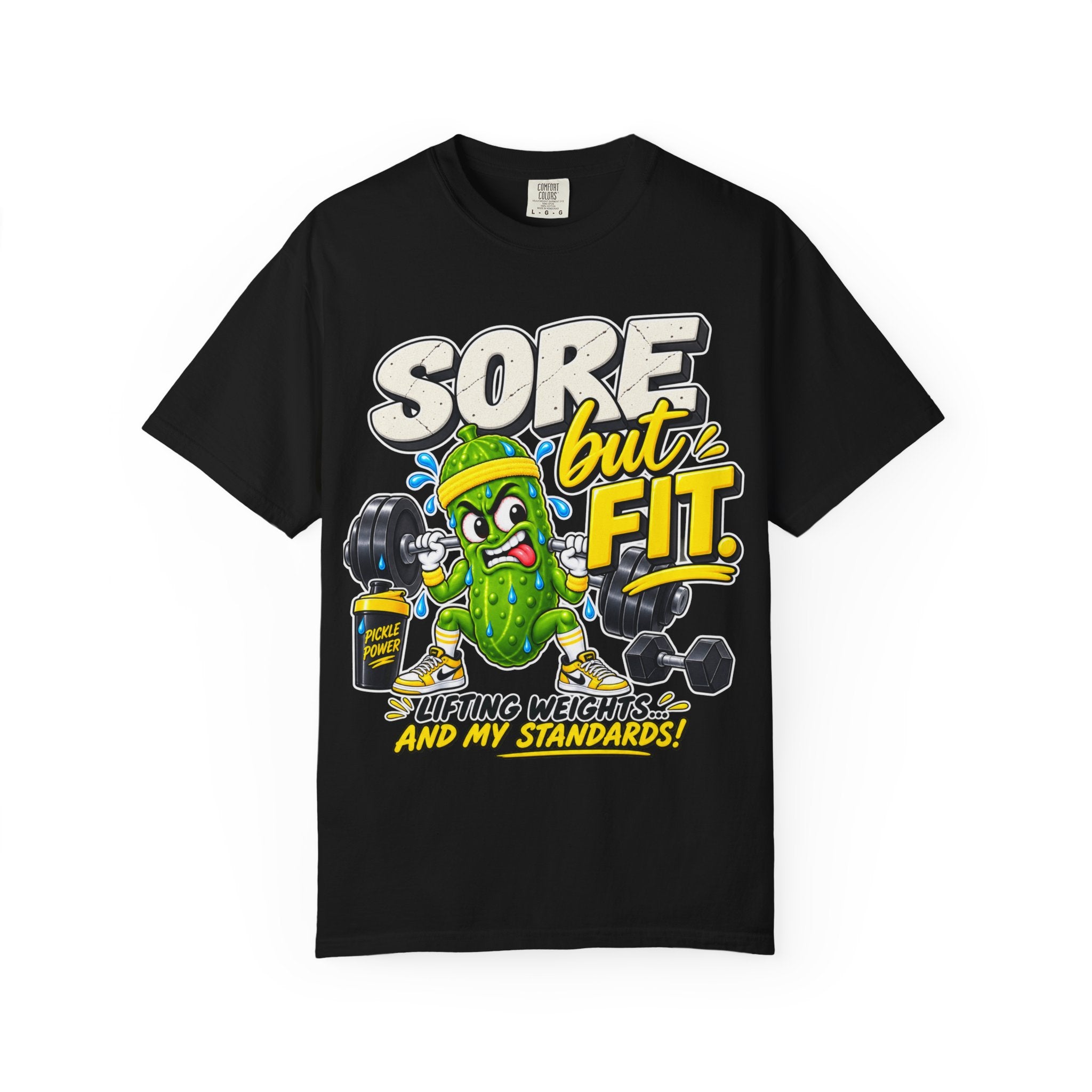 Sore But Fit Gym T-Shirt — Funny Pickle Lifting Weights Tee