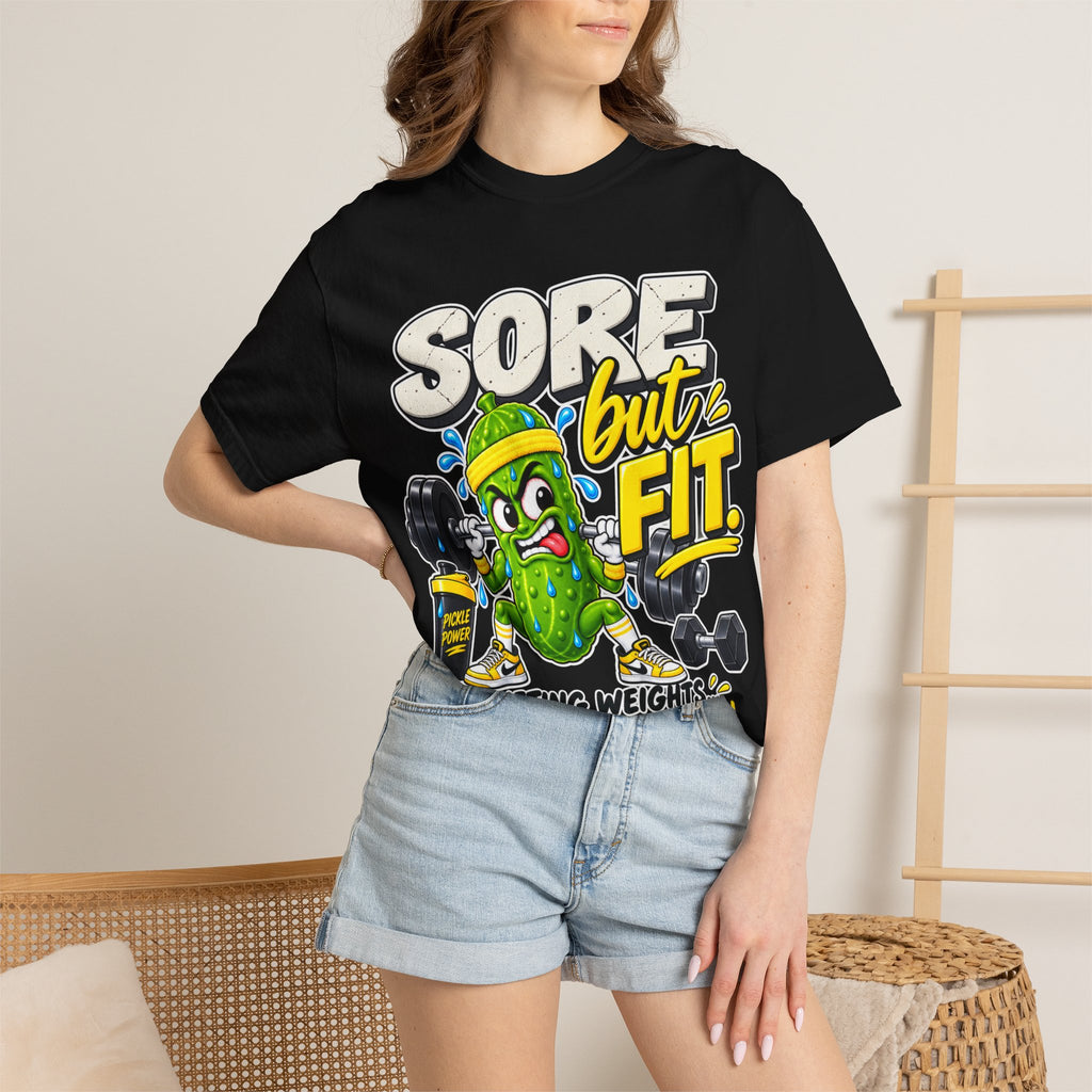 Sore But Fit Gym T-Shirt — Funny Pickle Lifting Weights Tee