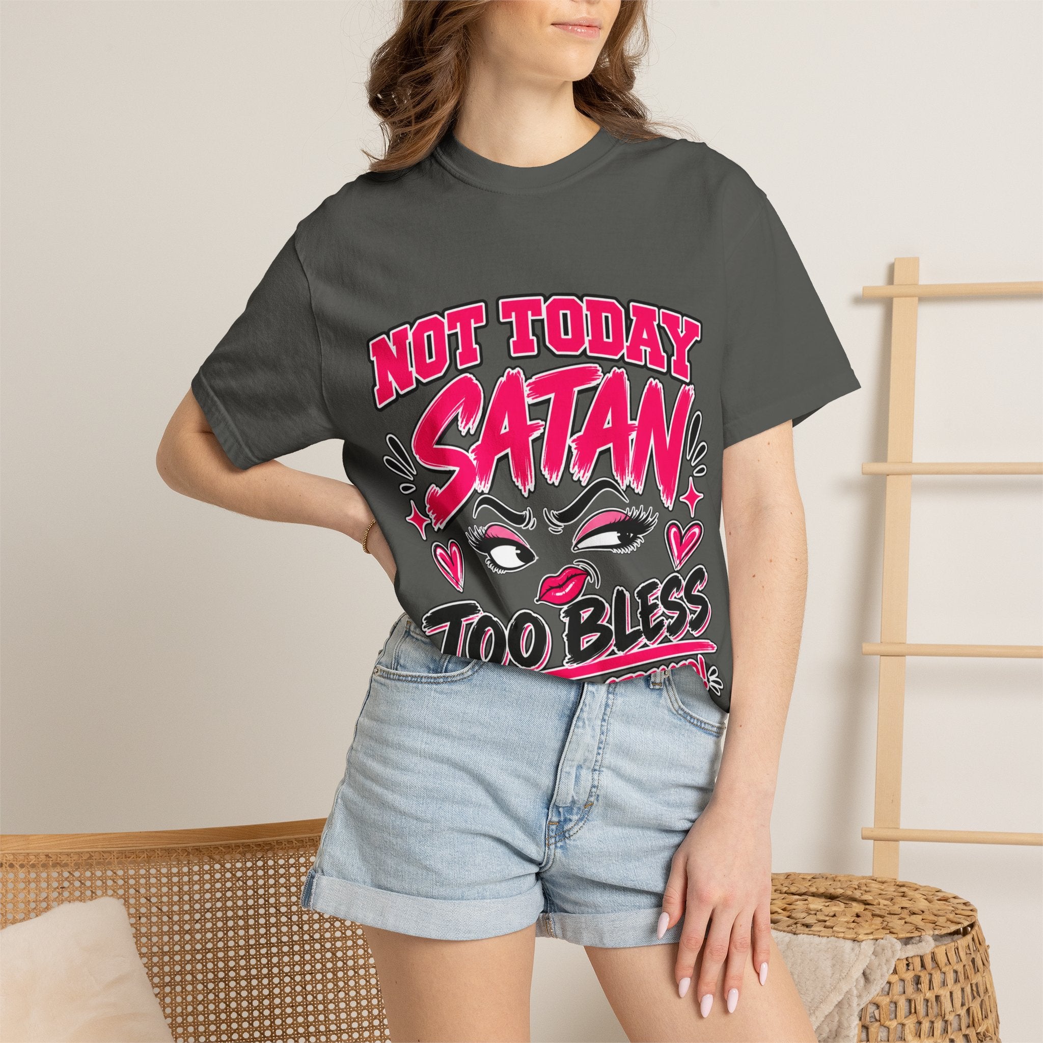 Not Today Satan T-Shirt — Too Blessed Graphic Tee (Pink & Black)