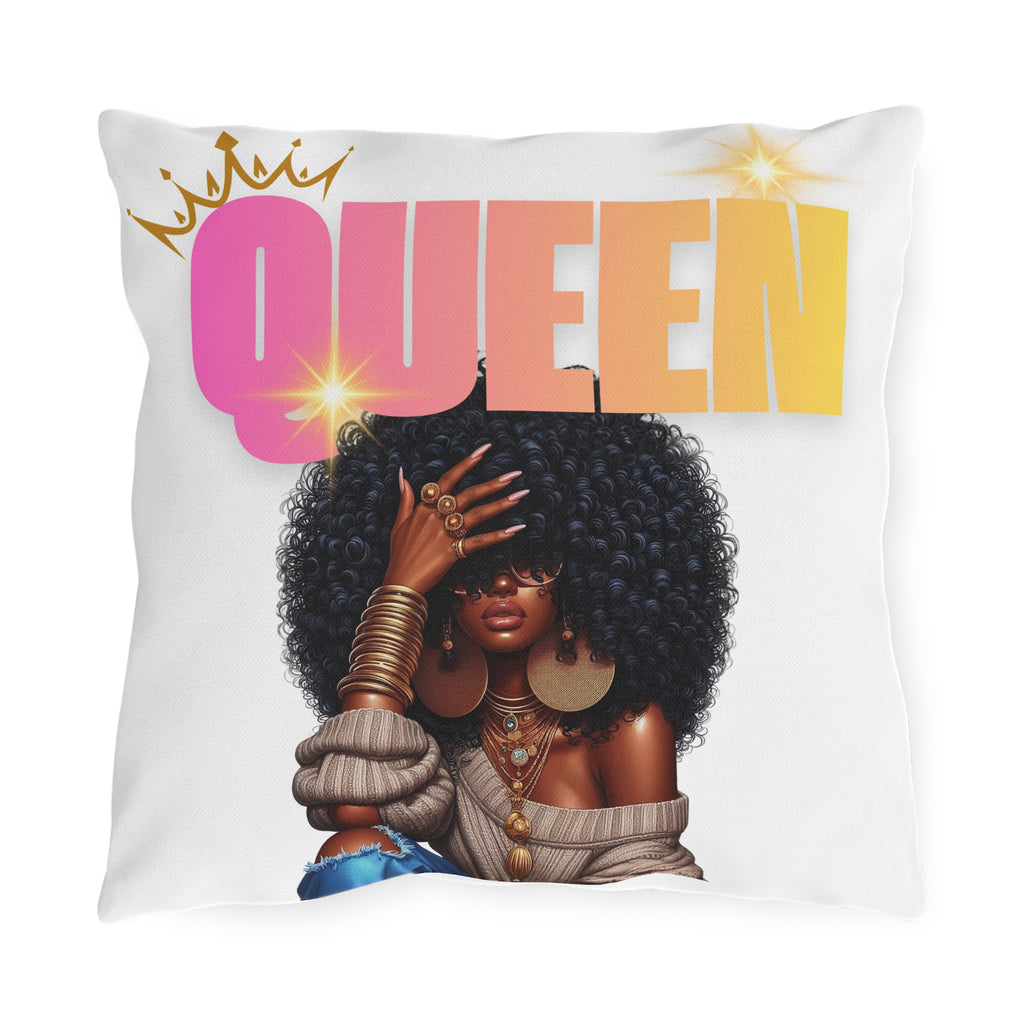 Queen Afro Woman Outdoor Pillow — Bold Empowerment Accent Cushion